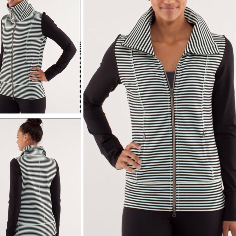 Lululemon Yoga Jacket Luon Striped Black Mint Green Blue Zippered Closure Size 2